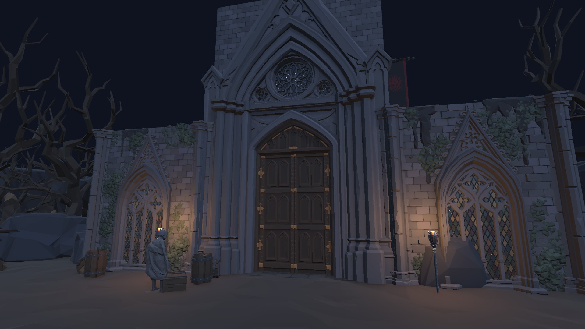 The cathedral's gothic gate at night, flanked by torches and dead trees, the only way into the cathedral.