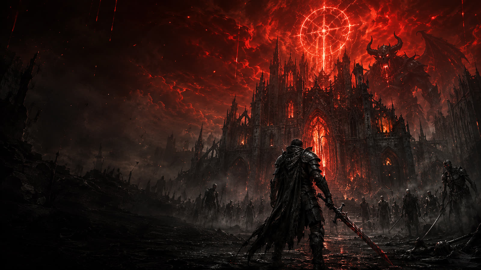 A lone armored knight with a greatsword faces a towering gothic cathedral wreathed in hellfire, surrounded by skeletal undead and a giant winged demon, a glowing red sigil burning in the blood-red sky.