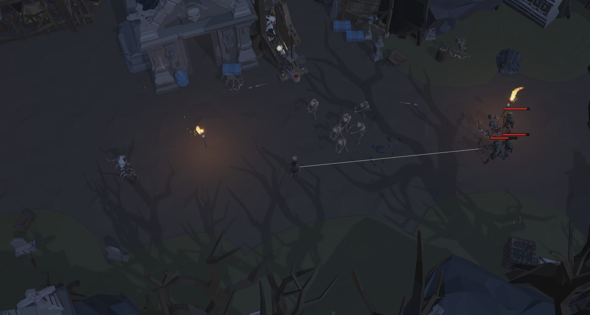 A mixed pack of eight to twelve skeletons, melee, a ranger, and a heavy, fanned out toward the player across an open graveyard stretch.