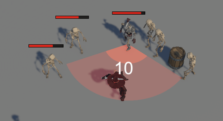 The Penitent stands inside a heavy skeleton's glowing red telegraph arc as a horde of skeletons closes in from every side, a damage number rising over the fight.