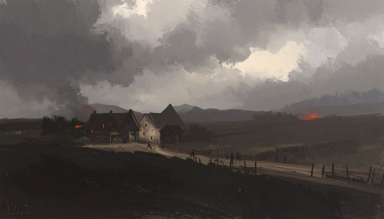 Farmhouses under a heavy sky, smoke rising from distant fields.