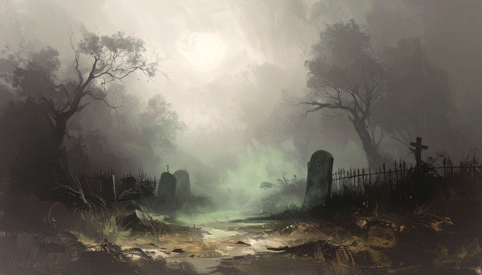 A churchyard in green fog, headstones leaning.