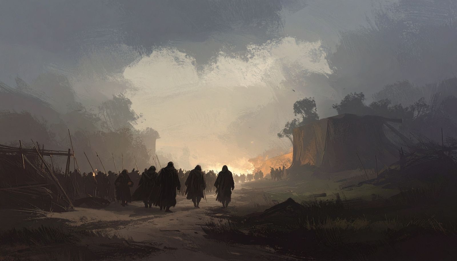 A column of refugees walking a muddy road toward a fire.