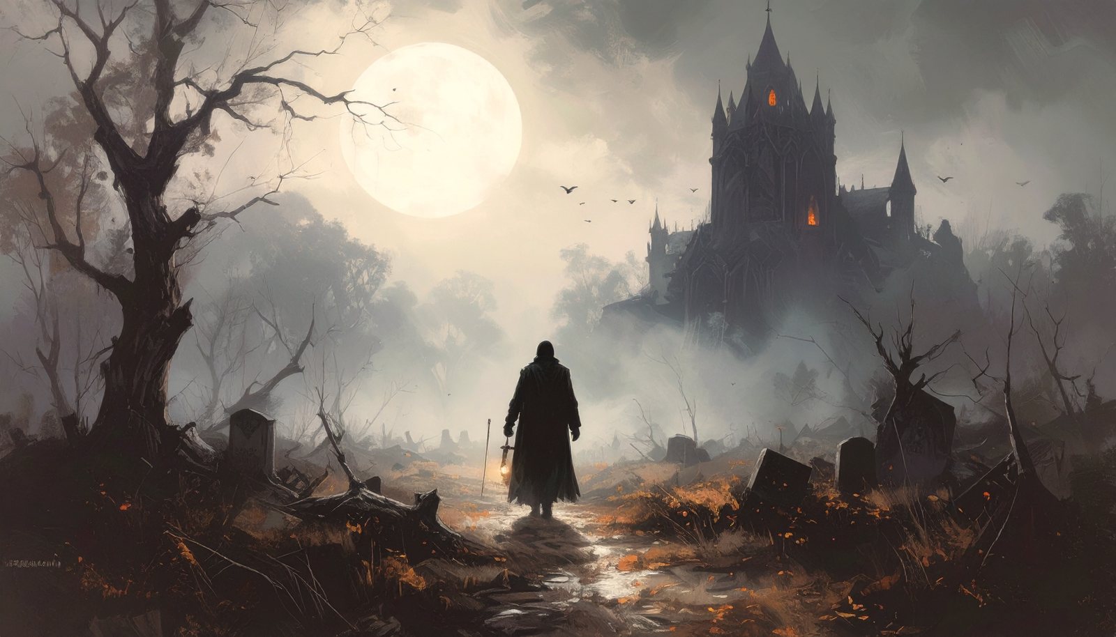 A lone figure with a lantern walking a misty graveyard path toward a black cathedral under a full moon.