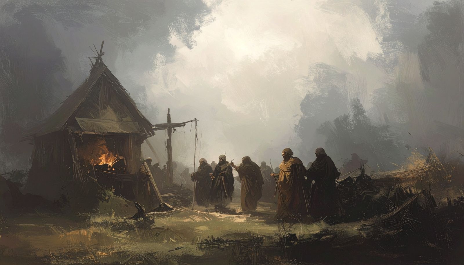 Hooded pilgrims gathered by a fire outside a tent.