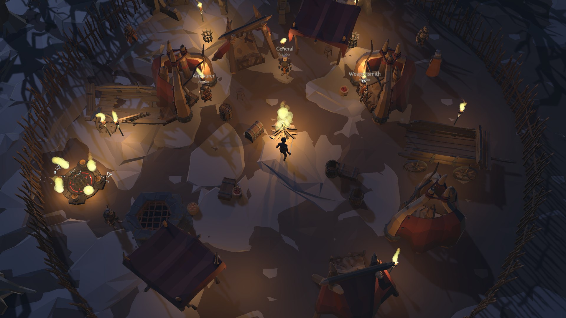 The Pilgrims' Camp seen from above at night: a bonfire at its centre, tents in two rings, torches along a stockade of sharpened stakes.