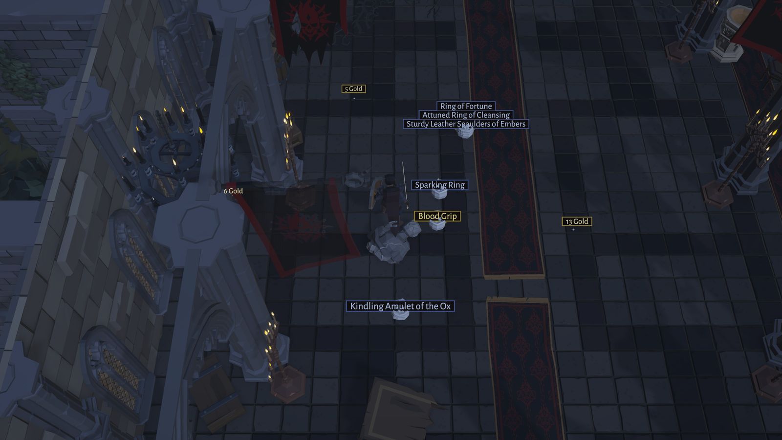 Item names in rarity colours scattered across the Cathedral floor after a fight.