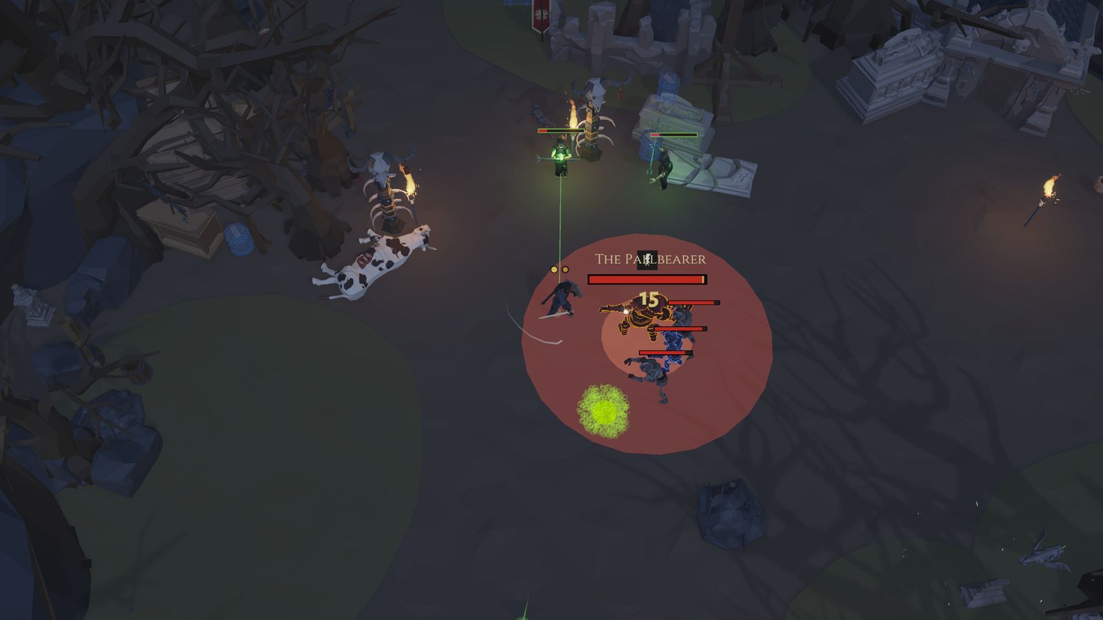 The Pallbearer's red slam marker fills around the Templar on the graveyard road.