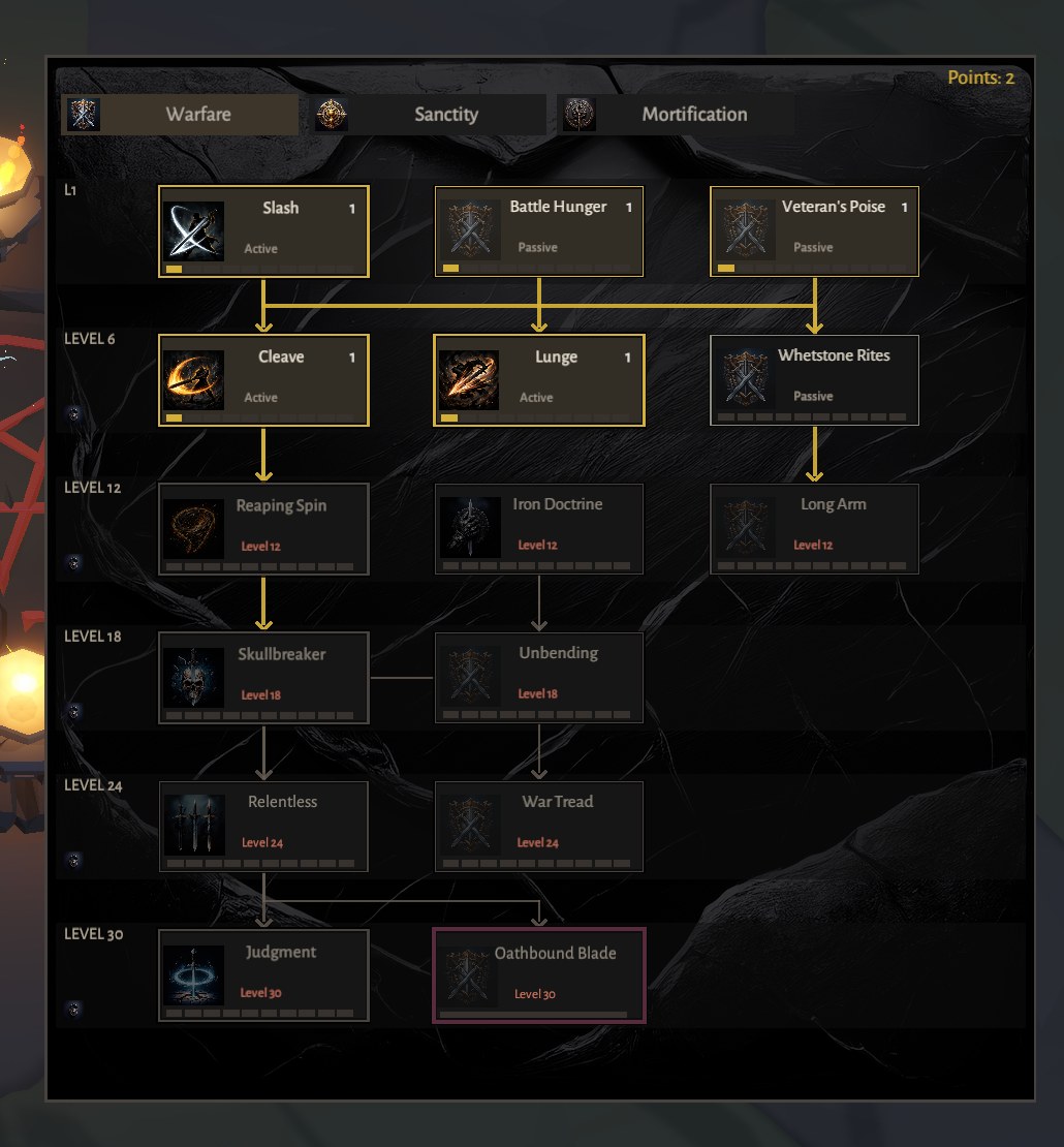 The Warfare skill tree: nodes allocated in gold, arrows showing prerequisites, a keystone framed in dark red at level thirty.