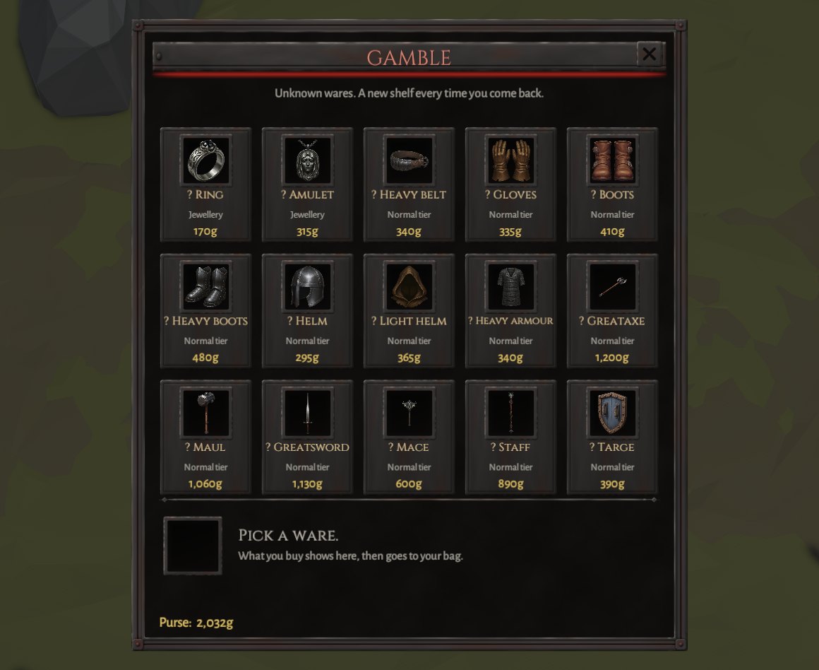 The Gambler's shelf at level 10, fifteen wares from ? Ring to ? Targe, each with its tier and its price.