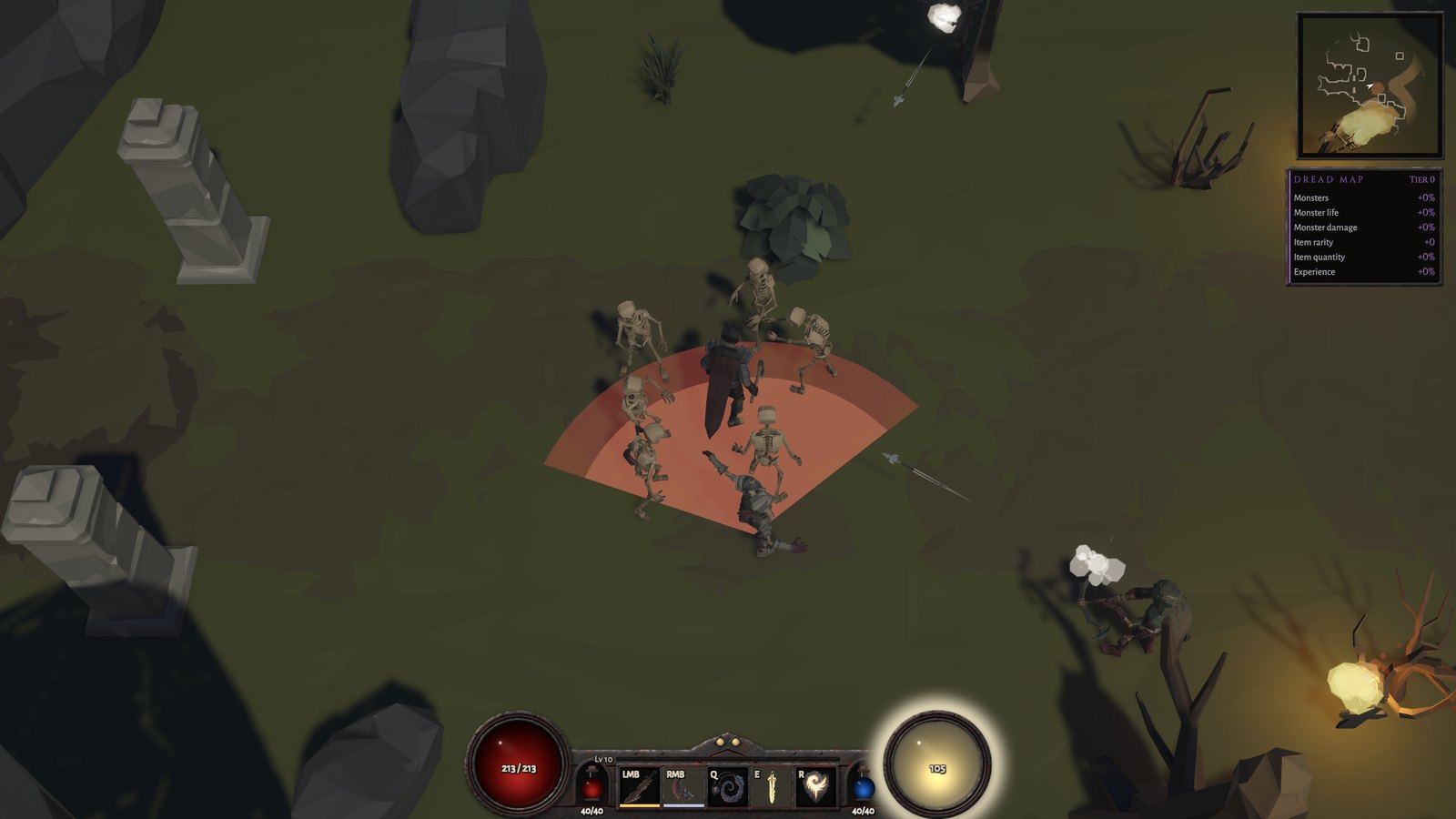 The Templar fights skeletons and a heavy above the console hotbar, life in the globe on the left and his Wrath glowing white-hot in the globe on the right.