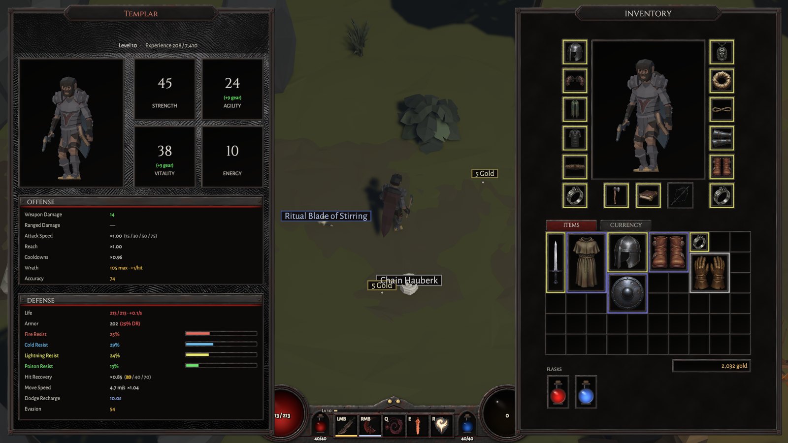 The character sheet and the inventory open side by side, the items in the bag framed in their rarity colours.