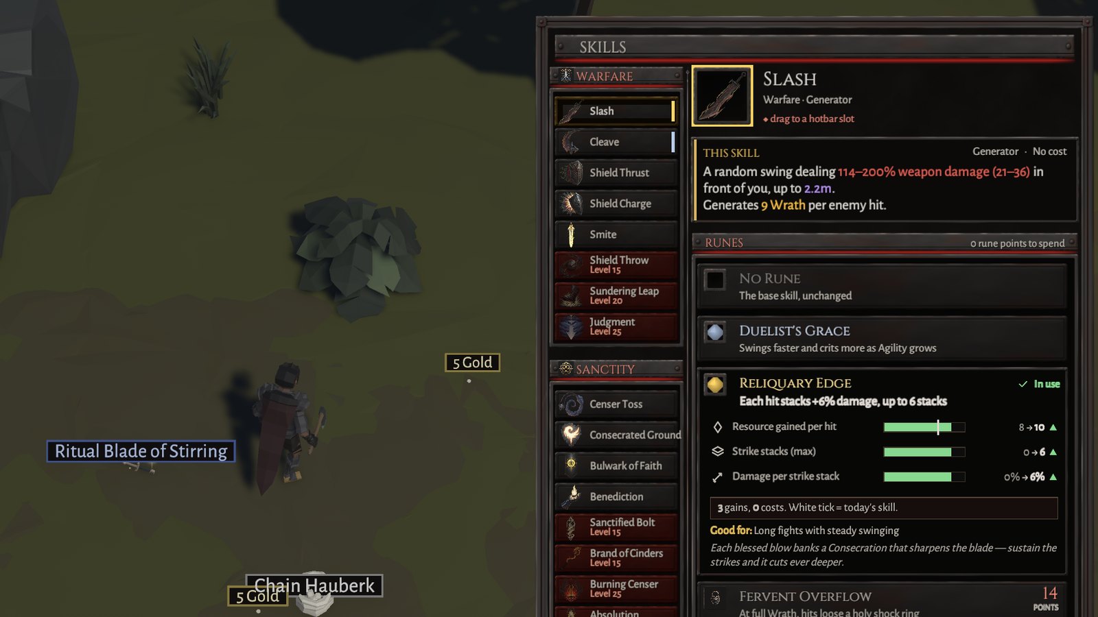 The skill window open on Slash, its rune Reliquary Edge in use, with the skills of higher levels in red iron on the left.