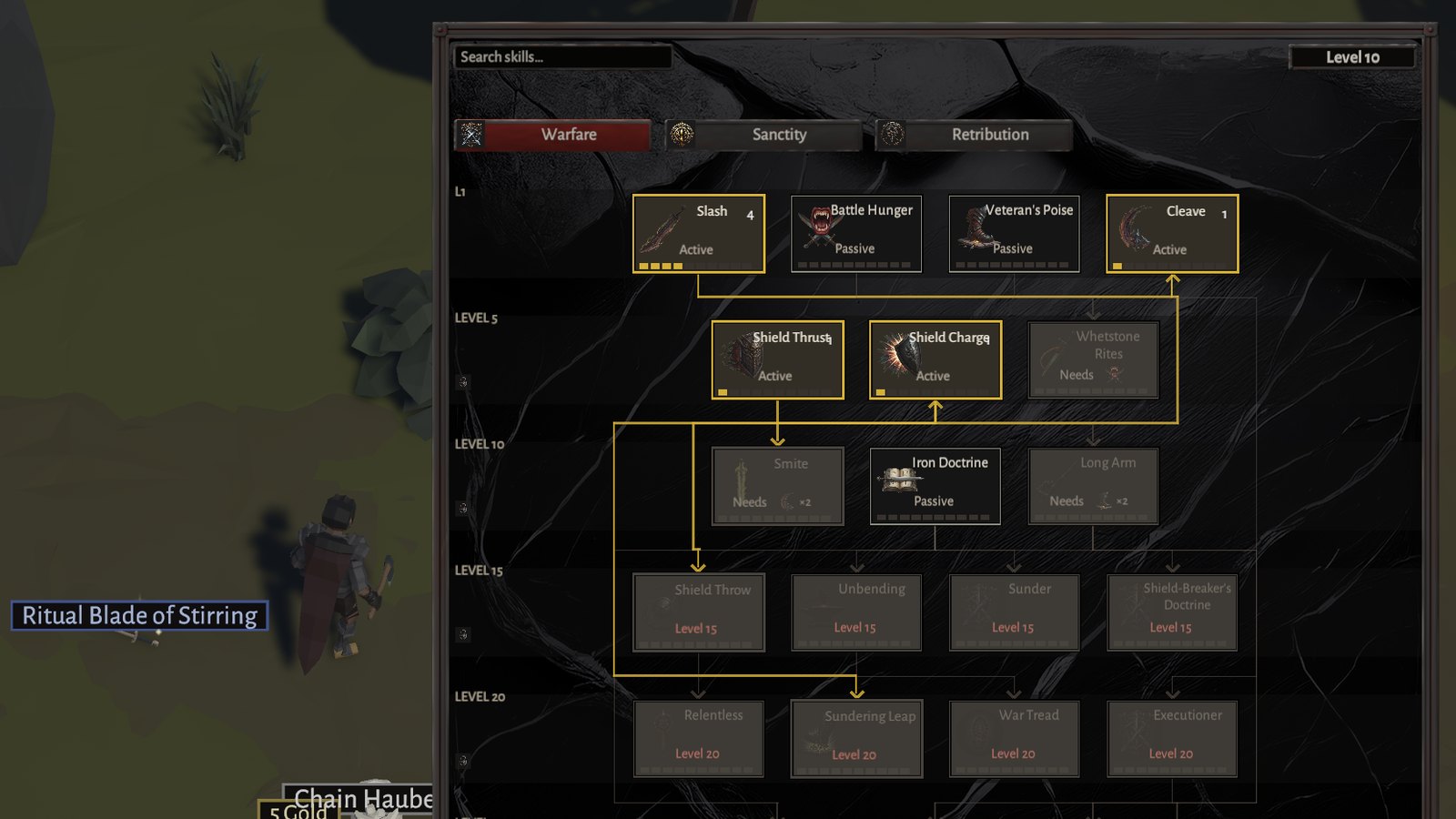 The Warfare talent tree, the taken talents framed in gold and the locked rows showing the level they open at.