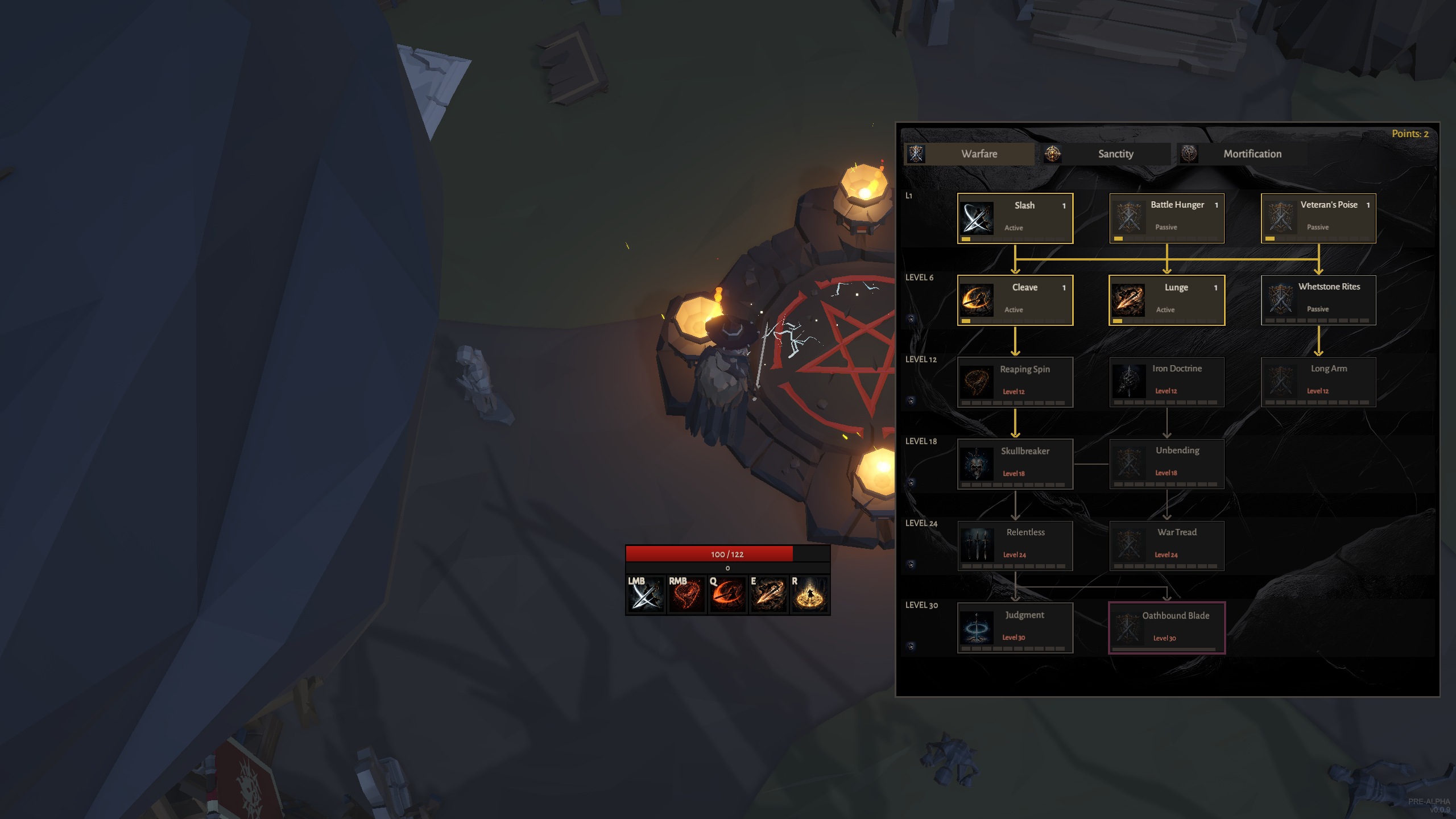 The Warfare tree: allocated nodes in gold, arrows showing what unlocks what