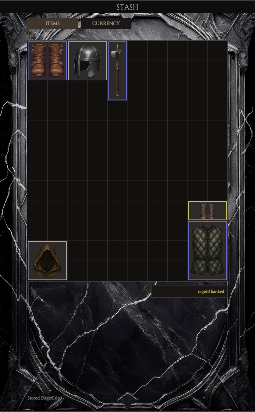 The stash open by the bonfire, banked loot filling its grid