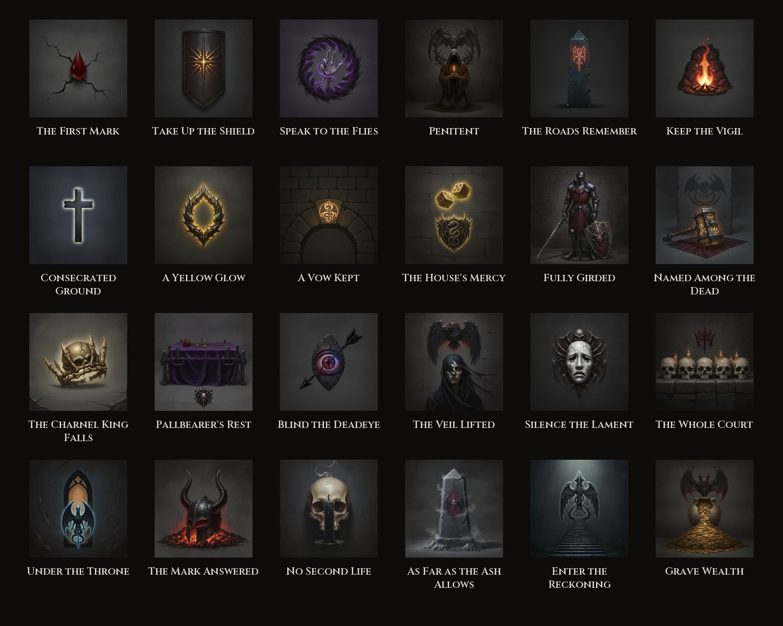 The 24 achievements the demo shows openly, each icon with its title