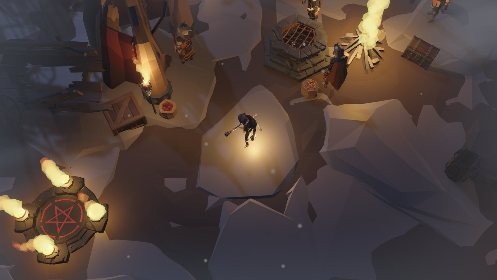 The Templar walks through the camp at night past the braziers.
