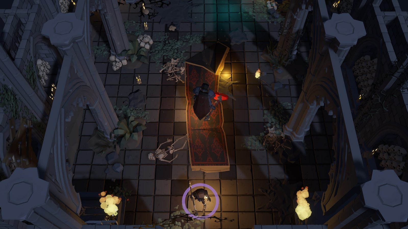 The crypt under the graveyard, candles and bones around a tomb, the Templar inside.
