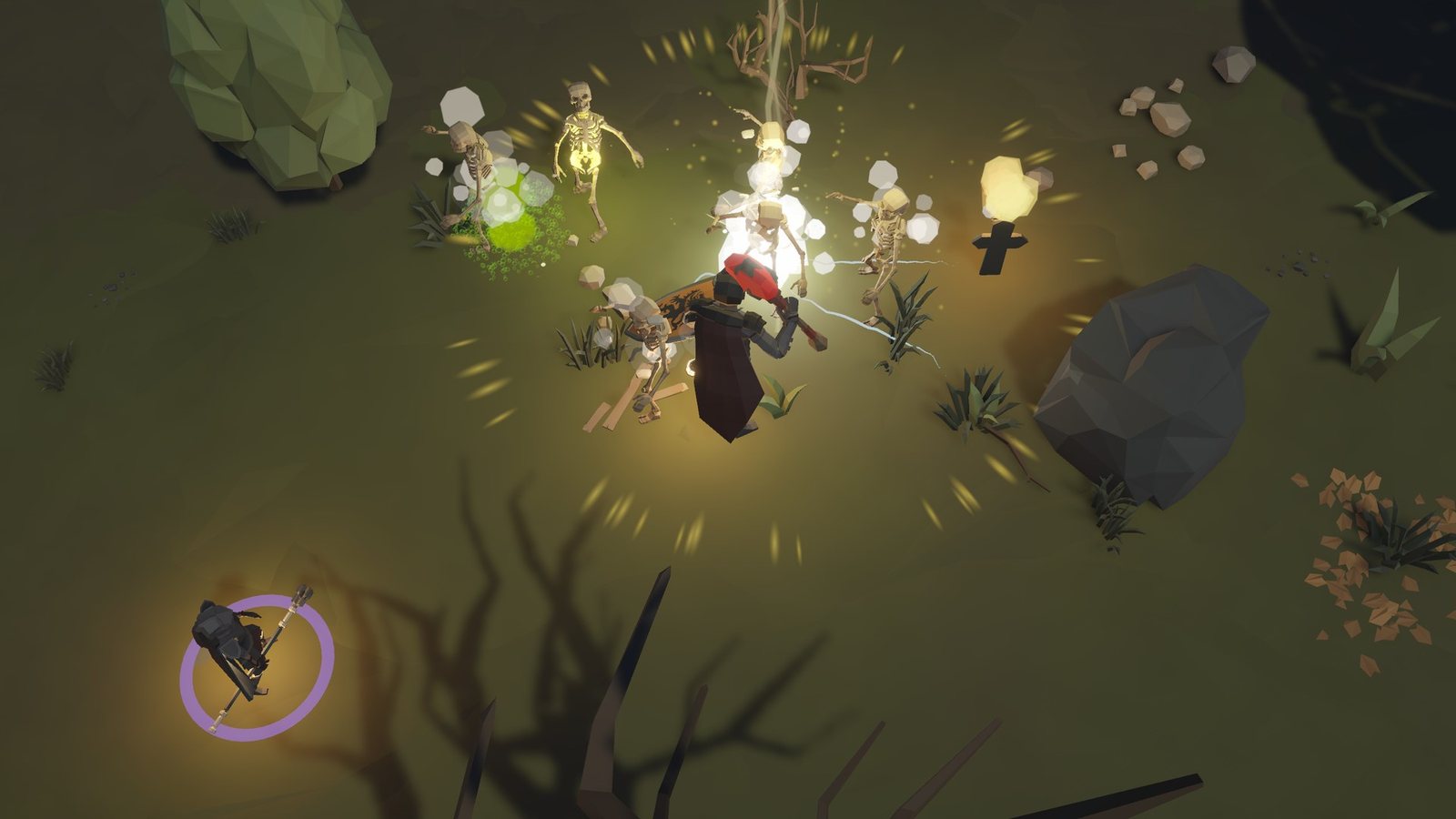 The Templar's Judgment strikes skeletons on a Dread Map at night.