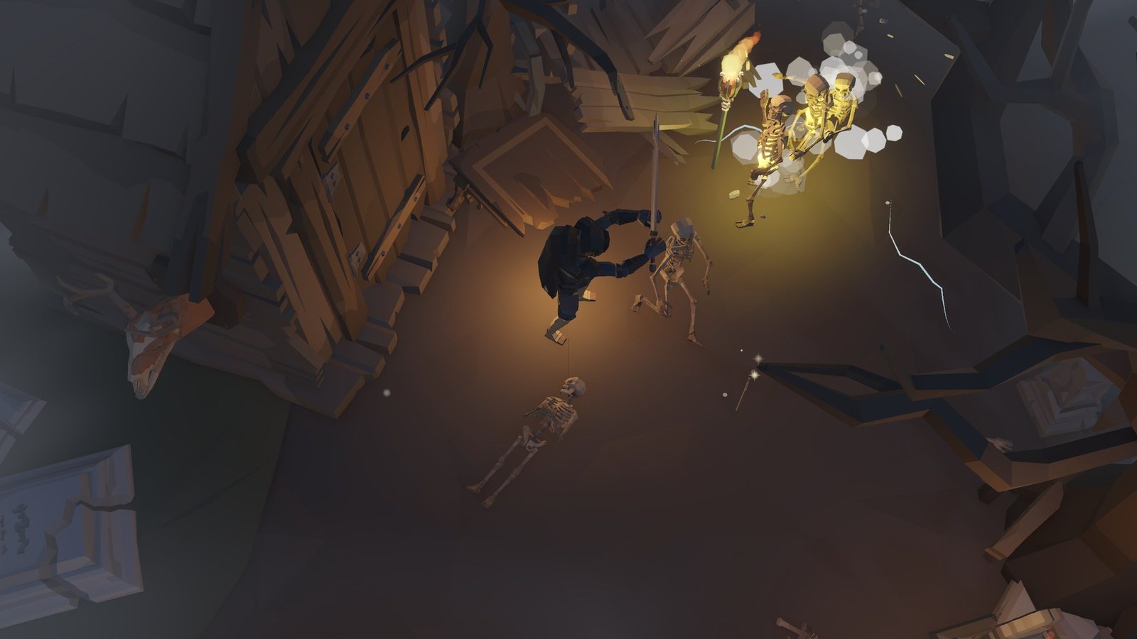 The Templar fights skeletons by a torch in the night graveyard.
