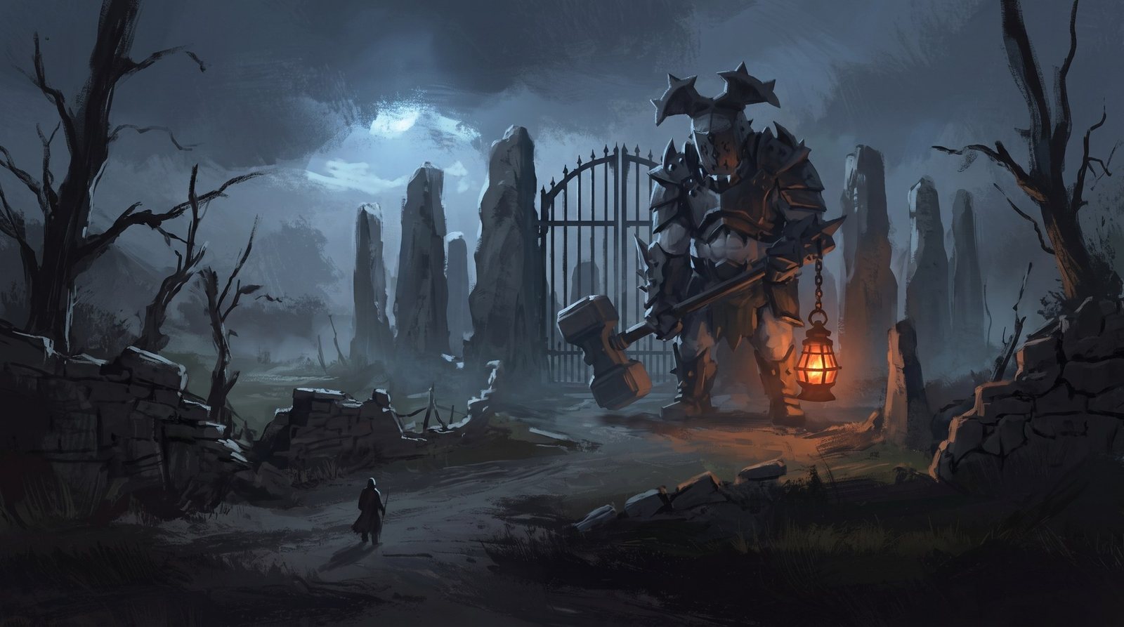 A huge armoured knight with a maul and a lantern guards an iron gate as a lone pilgrim walks the road toward him.